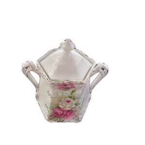 Vintage Hexagon Sugar Bowl With Lid (white and Red Roses) Made in Germany